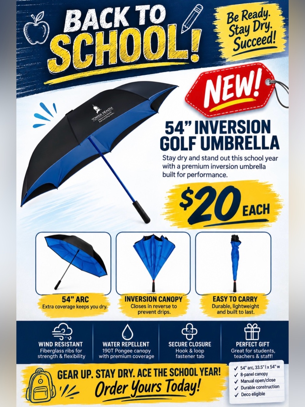 NWT 54” Inversion Golf Umbrella- Preprinted